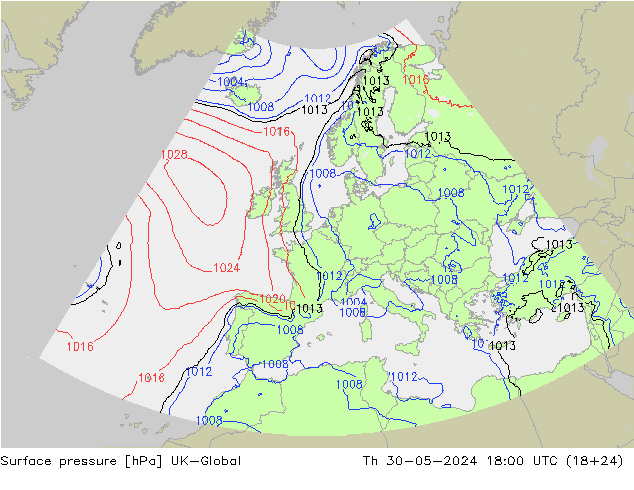 Surface pressure UK-Global Th 30.05.2024 18 UTC