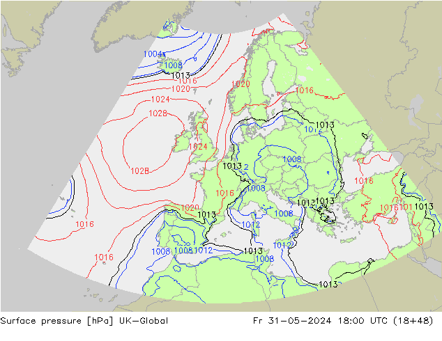 Pressione al suolo UK-Global ven 31.05.2024 18 UTC