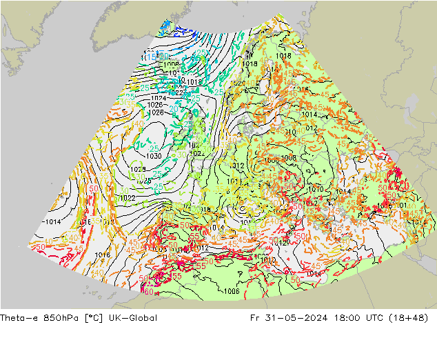 Theta-e 850hPa UK-Global  31.05.2024 18 UTC