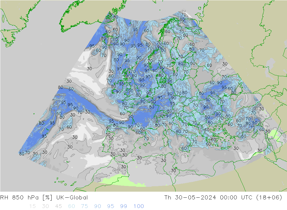 RH 850 hPa UK-Global  30.05.2024 00 UTC