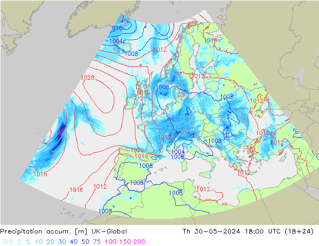 Precipitación acum. UK-Global jue 30.05.2024 18 UTC