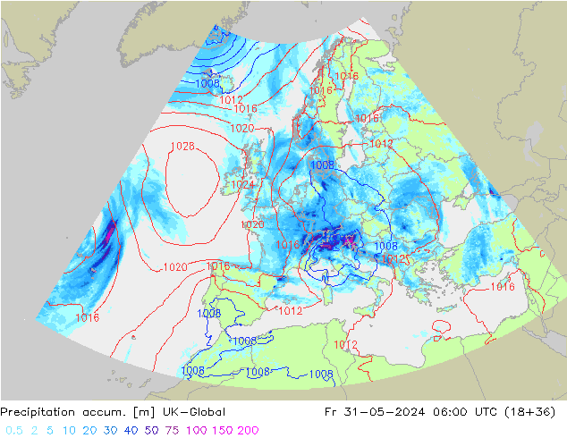 Precipitation accum. UK-Global Fr 31.05.2024 06 UTC