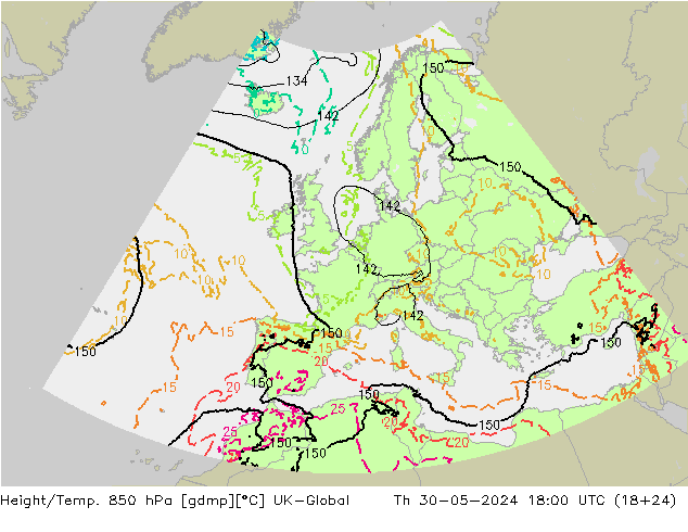 Height/Temp. 850 гПа UK-Global чт 30.05.2024 18 UTC