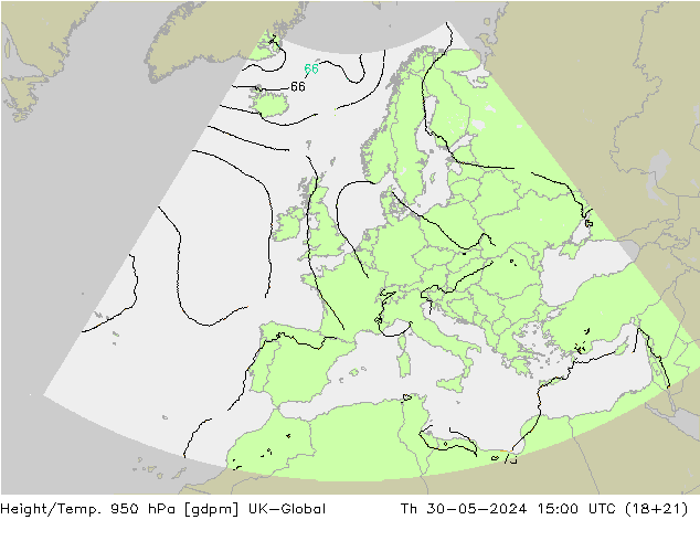 Height/Temp. 950 hPa UK-Global Do 30.05.2024 15 UTC