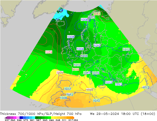 Dikte700-1000 hPa UK-Global wo 29.05.2024 18 UTC