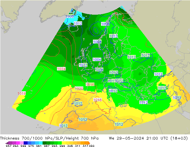 Thck 700-1000 hPa UK-Global We 29.05.2024 21 UTC