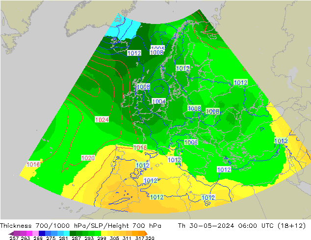 Thck 700-1000 hPa UK-Global Th 30.05.2024 06 UTC