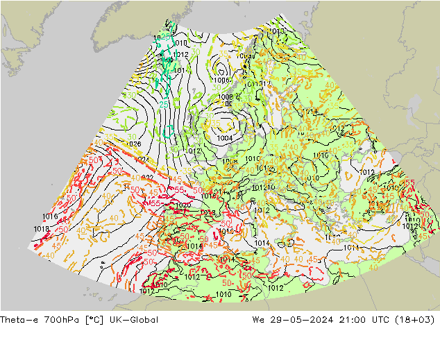 Theta-e 700hPa UK-Global Qua 29.05.2024 21 UTC