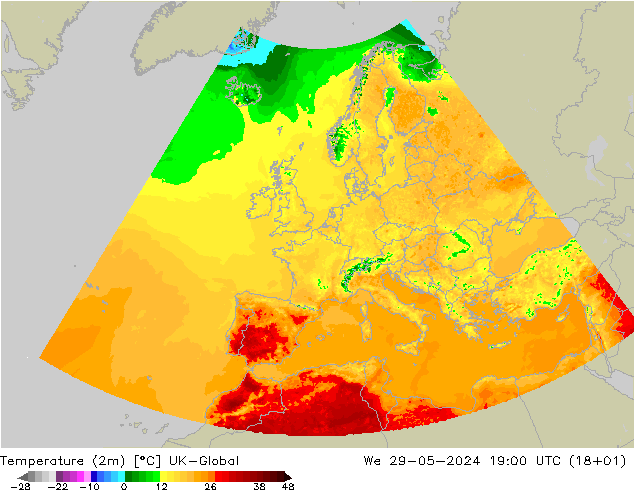 Temperatura (2m) UK-Global Qua 29.05.2024 19 UTC