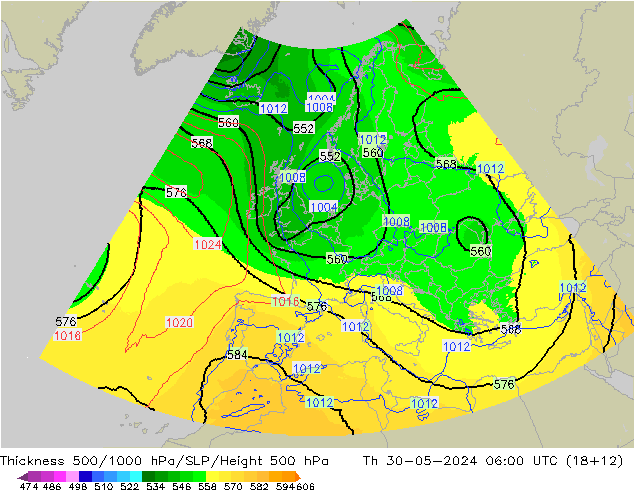 Thck 500-1000hPa UK-Global Čt 30.05.2024 06 UTC