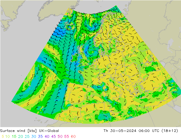 Surface wind UK-Global Th 30.05.2024 06 UTC