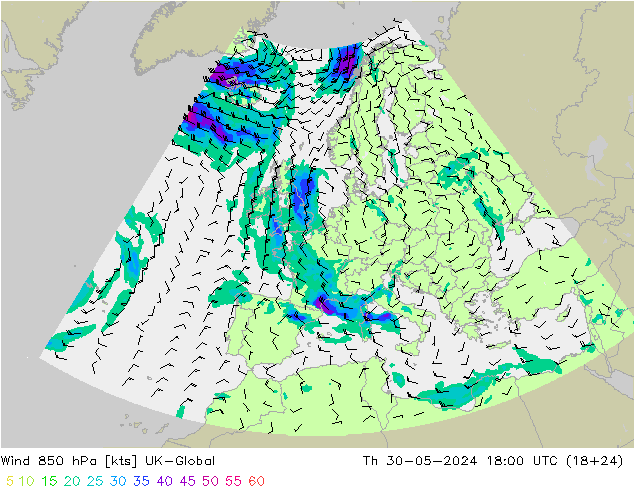 Wind 850 hPa UK-Global Th 30.05.2024 18 UTC