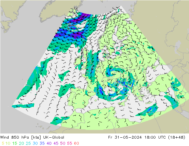 Rüzgar 850 hPa UK-Global Cu 31.05.2024 18 UTC