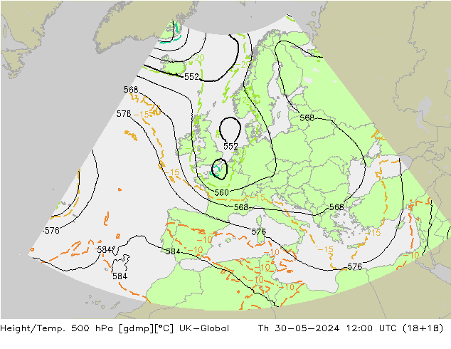 Géop./Temp. 500 hPa UK-Global jeu 30.05.2024 12 UTC