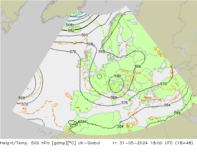 Hoogte/Temp. 500 hPa UK-Global vr 31.05.2024 18 UTC