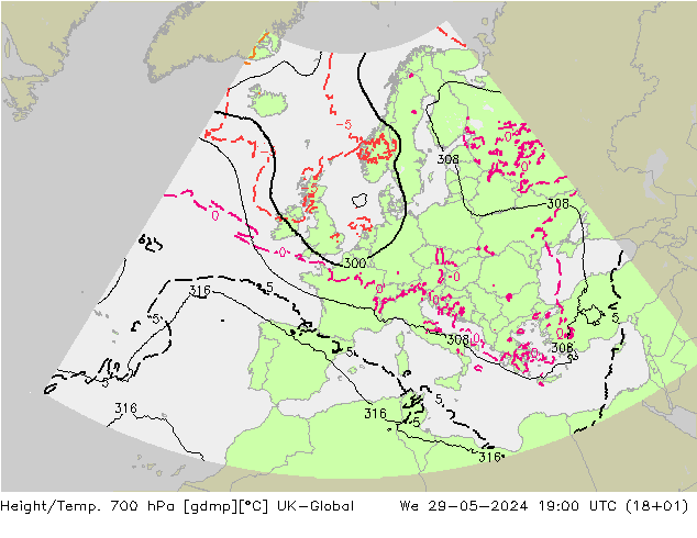 Height/Temp. 700 hPa UK-Global Qua 29.05.2024 19 UTC