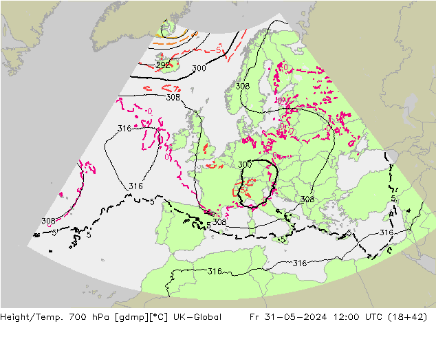 Height/Temp. 700 hPa UK-Global Pá 31.05.2024 12 UTC