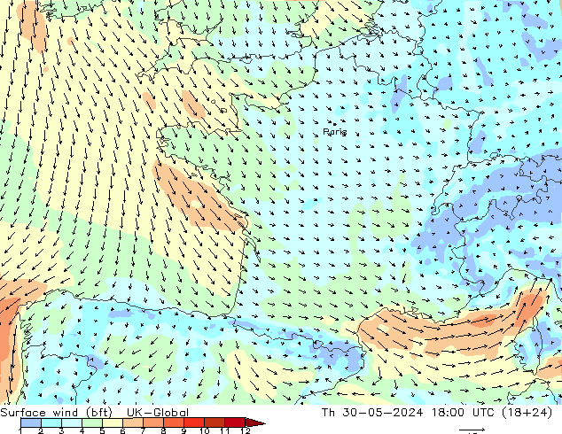 Surface wind (bft) UK-Global Čt 30.05.2024 18 UTC