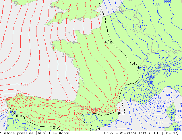 Luchtdruk (Grond) UK-Global vr 31.05.2024 00 UTC