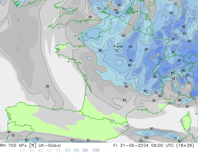 RH 700 hPa UK-Global pt. 31.05.2024 06 UTC