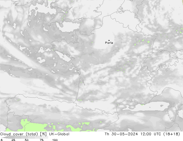 Cloud cover (total) UK-Global Čt 30.05.2024 12 UTC