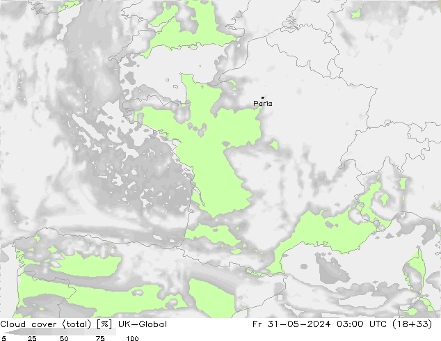 Bewolking (Totaal) UK-Global vr 31.05.2024 03 UTC