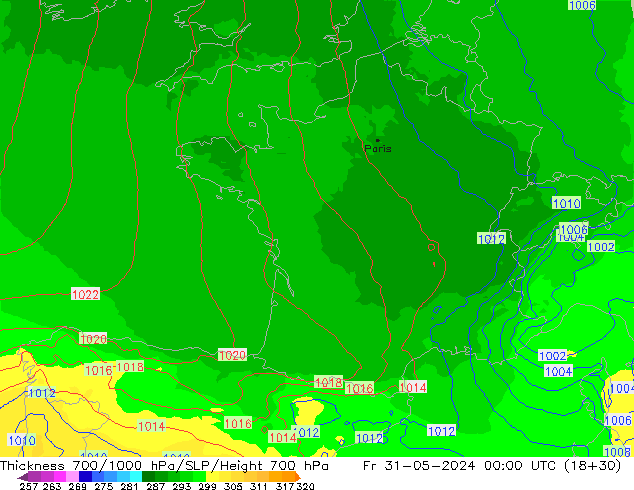 Espesor 700-1000 hPa UK-Global vie 31.05.2024 00 UTC