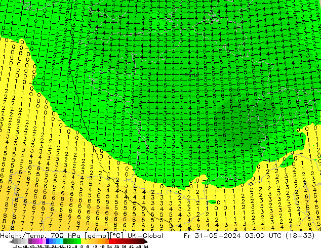 Hoogte/Temp. 700 hPa UK-Global vr 31.05.2024 03 UTC
