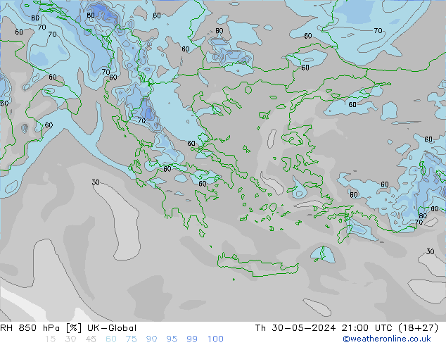 RH 850 hPa UK-Global Th 30.05.2024 21 UTC