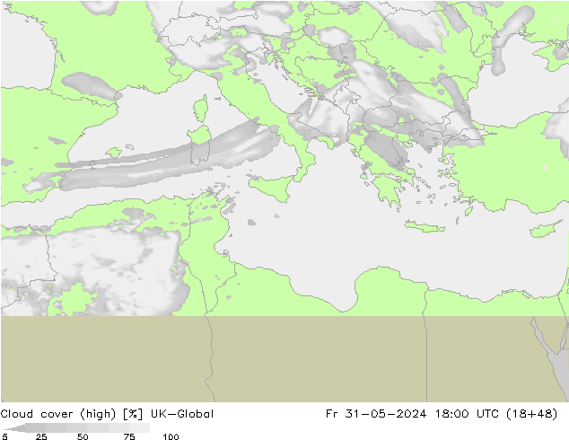 Cloud cover (high) UK-Global Fr 31.05.2024 18 UTC