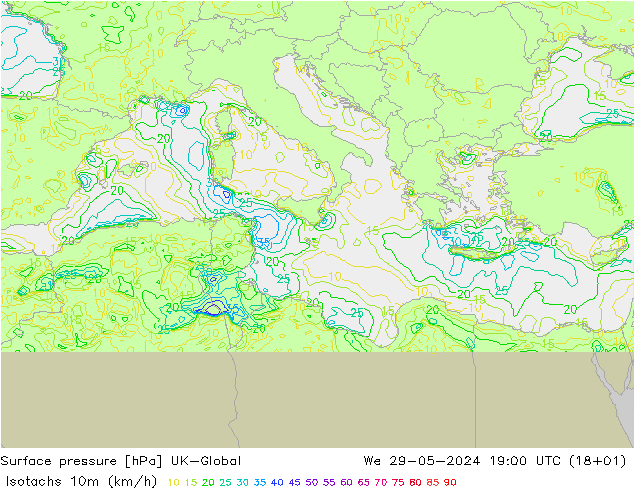 Isotachs (kph) UK-Global We 29.05.2024 19 UTC