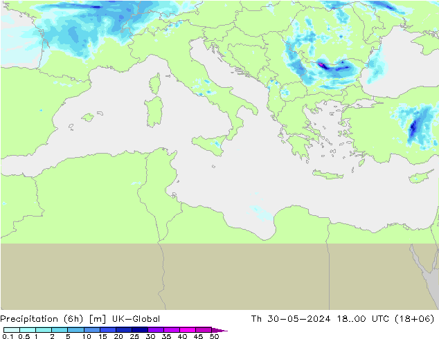 Precipitation (6h) UK-Global Th 30.05.2024 00 UTC