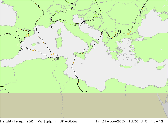 Height/Temp. 950 hPa UK-Global Fr 31.05.2024 18 UTC