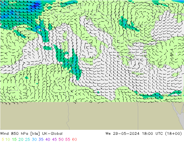 Wind 850 hPa UK-Global We 29.05.2024 18 UTC