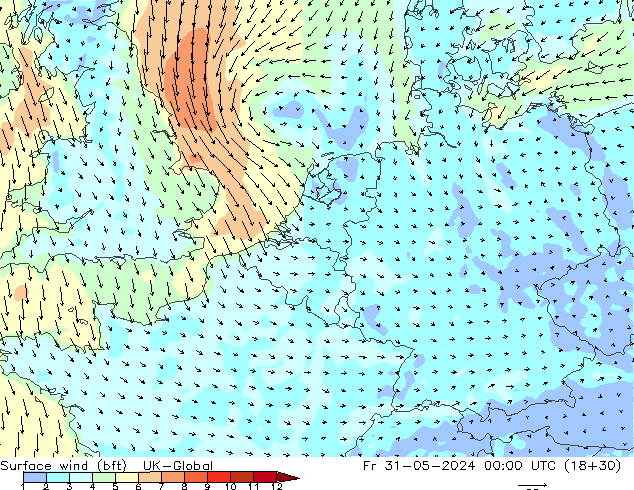 Surface wind (bft) UK-Global Fr 31.05.2024 00 UTC