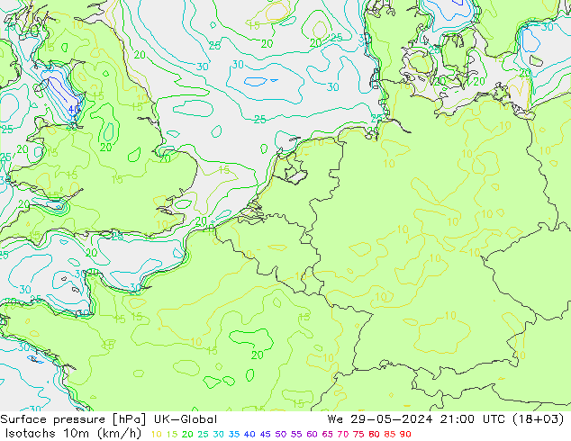 Izotacha (km/godz) UK-Global śro. 29.05.2024 21 UTC