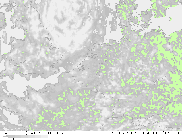 Cloud cover (low) UK-Global Th 30.05.2024 14 UTC