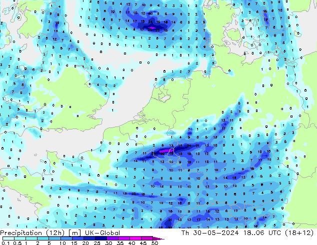 Totale neerslag (12h) UK-Global do 30.05.2024 06 UTC