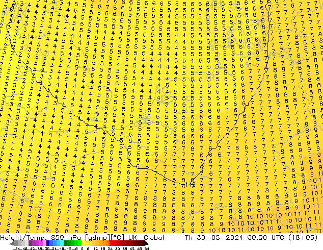 Height/Temp. 850 hPa UK-Global Th 30.05.2024 00 UTC