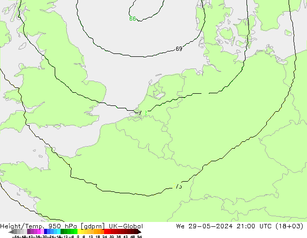 Hoogte/Temp. 950 hPa UK-Global wo 29.05.2024 21 UTC