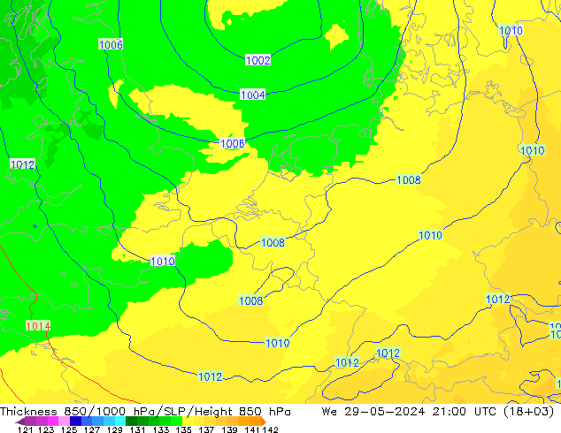 Dikte 850-1000 hPa UK-Global wo 29.05.2024 21 UTC