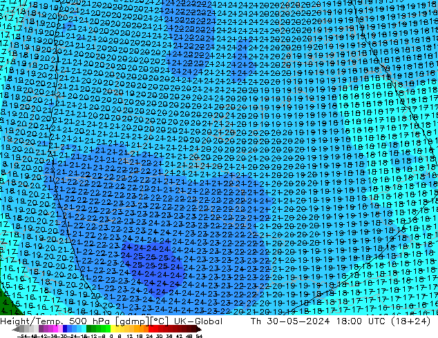 Height/Temp. 500 hPa UK-Global Th 30.05.2024 18 UTC