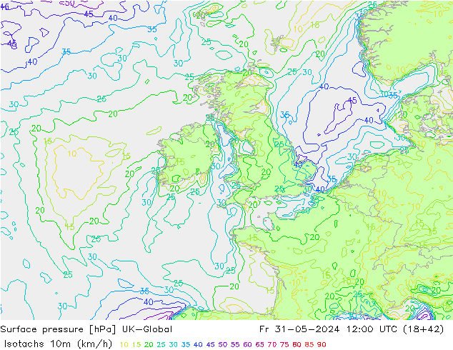 Izotacha (km/godz) UK-Global pt. 31.05.2024 12 UTC