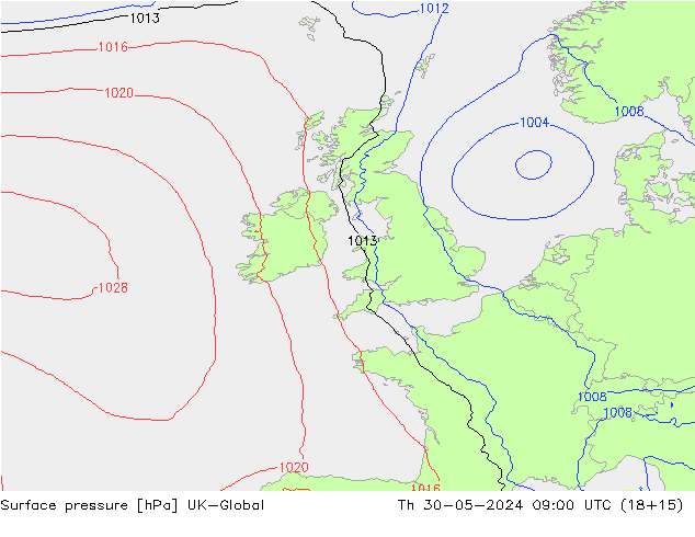 Atmosférický tlak UK-Global Čt 30.05.2024 09 UTC