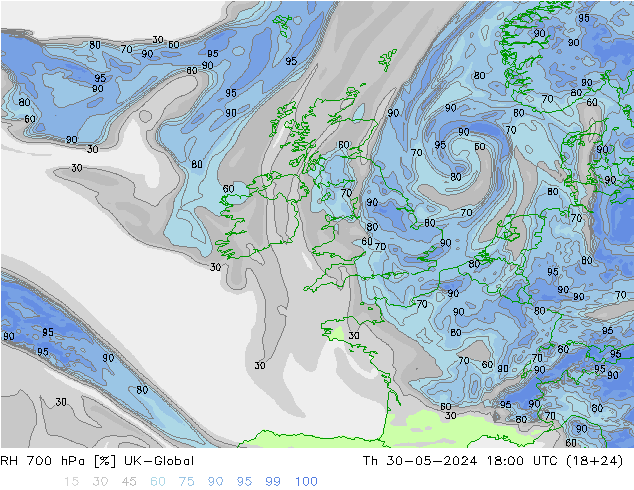 RH 700 гПа UK-Global чт 30.05.2024 18 UTC