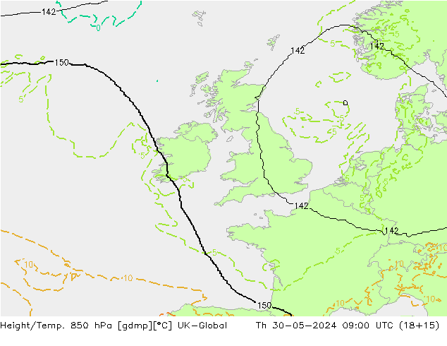 Height/Temp. 850 hPa UK-Global Th 30.05.2024 09 UTC