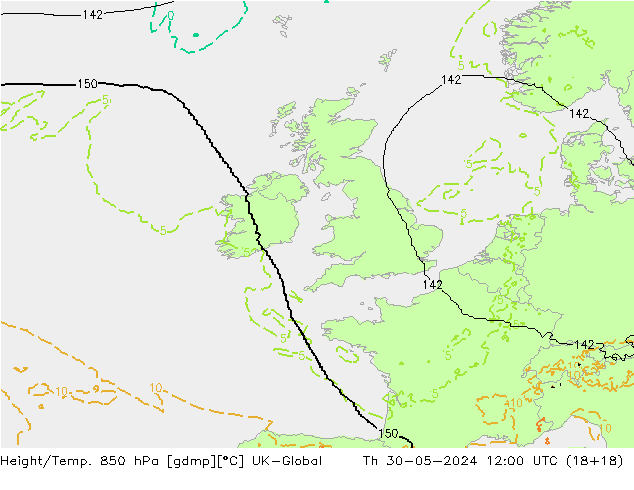 Height/Temp. 850 hPa UK-Global Čt 30.05.2024 12 UTC