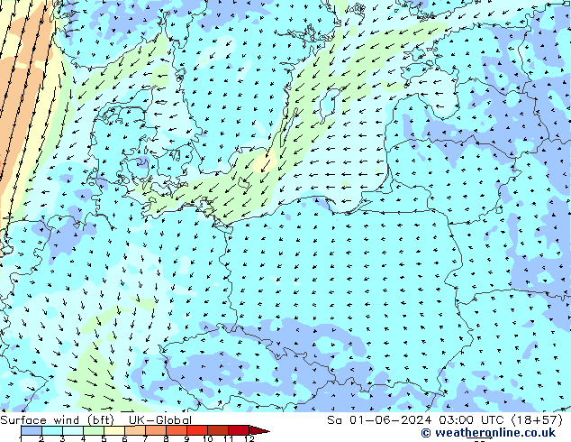 Viento 10 m (bft) UK-Global sáb 01.06.2024 03 UTC