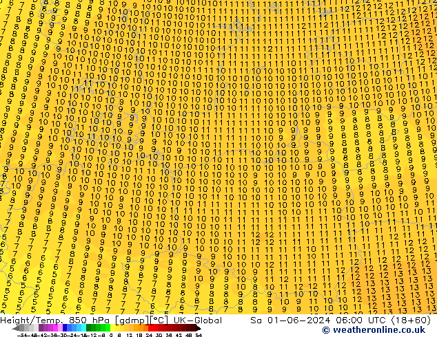 Hoogte/Temp. 850 hPa UK-Global za 01.06.2024 06 UTC