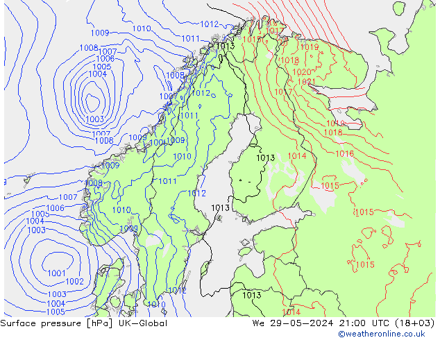 Surface pressure UK-Global We 29.05.2024 21 UTC